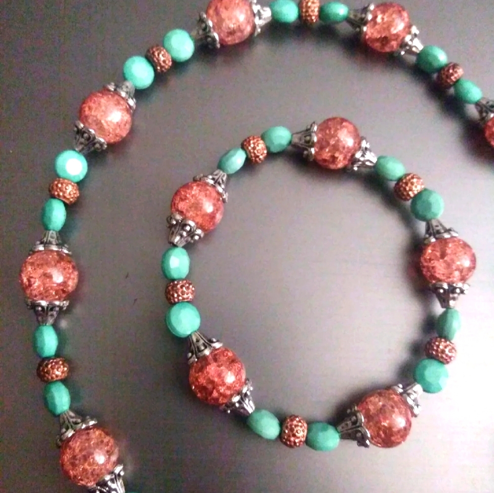 Hand crafted blown glass crackle Rose Gold Necklace and Bracelet matching set